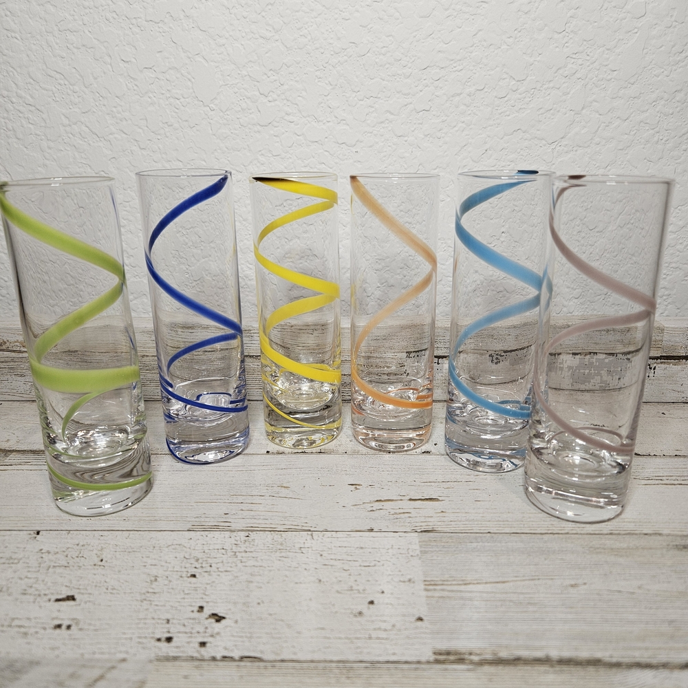 Set Of 6 Tall Shot Glasses Clear Glass With Swirl Design Multicolor